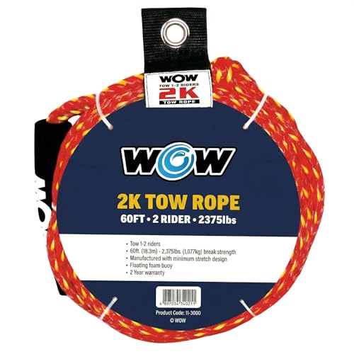 Wow Sports 2K Tow Rope for Towable Tubes - 60 ft - 16-Strand Braided Polypropylene - Floating Foam Buoy - 1-2 Riders