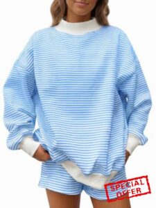 Fisoew Womens Striped 2 Piece Outfits Lounge Sets Mock Neck Oversized Long Sleeve Sweatshirts Casual Shorts Y2k Matching Sets