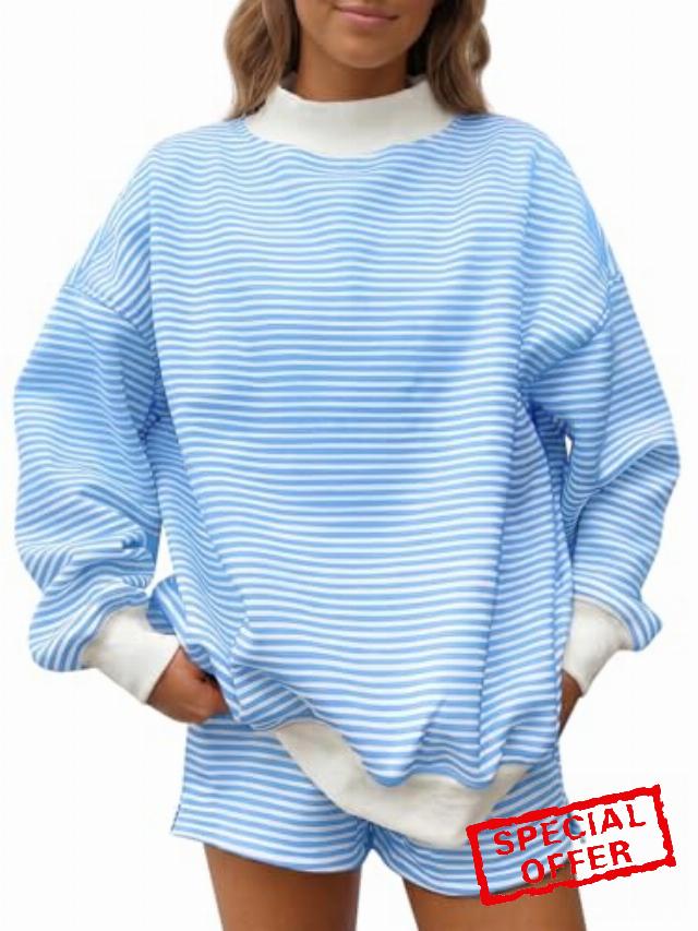 Fisoew Womens Striped 2 Piece Outfits Lounge Sets Mock Neck Oversized Long Sleeve Sweatshirts Casual Shorts Y2k Matching Sets