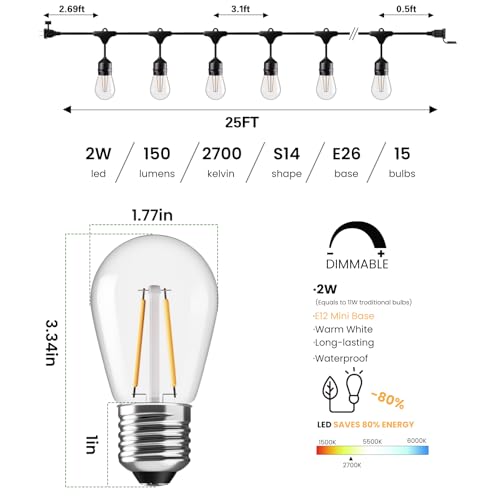 Patio Light for Outside with 9 Antique S14 Plastic LED Bulbs