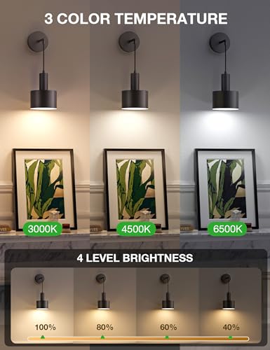 Black Wireless Rechargeable Wall Lights with 5200mAh Dimmable Detachable Bulbs and Remote