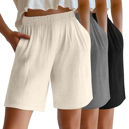 Riyiper 3 Pack Women's Linen Shorts Elastic High Waist Bermuda Wide Leg Summer Casual Lounge Short with Pockets