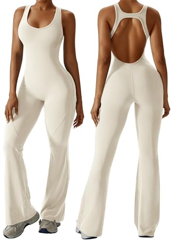 OEAK Womens Flare Jumpsuit with Bra Tummy Control Cutout Romper Workout Outfit Sleeveless Unitard One Piece Backless Bodysui