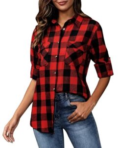 siliteelon Flannel Shirt Women Plaid Shirts Button Down Long Sleeve Oversized Cotton Fitted Boyfriend Casual Blouse Tops
