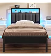 Furnulem Queen Bed Frame with Wood Headboard and Storage Shelf, Metal Platform Bed Frame Queen Si...