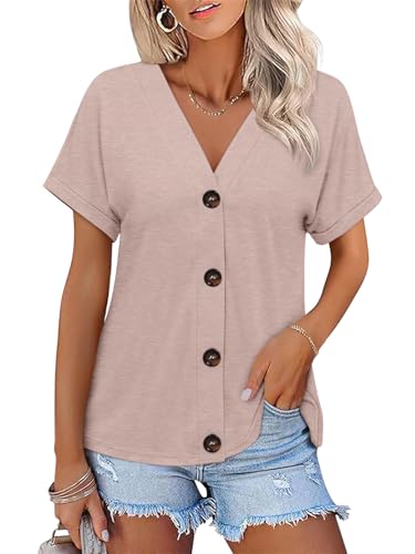 TICTICMISS Womens Summer Tops Short Sleeve Button Down Shirts Casual V Neck T Shirts Trendy Tunic Tops