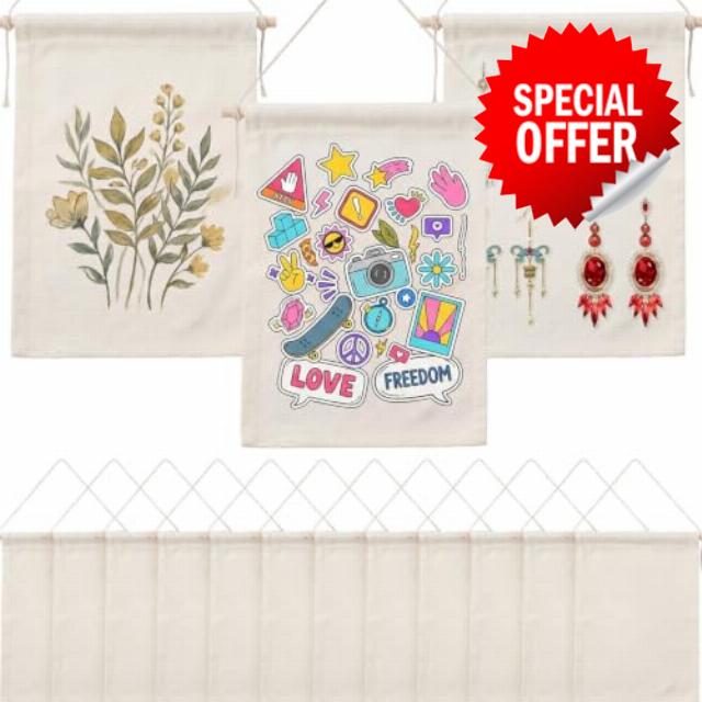 Fanfanwin 24 Pcs Canvas Banner Blank with 24 Wooden Dowels Tied String Natural Canvas Banners Wall Hanging Banner Flag for Buttons Lapel Collection Indoors Wedding Graduation Deco