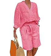 Rianclud 2 Piece Sets for Women Summer Casual Cotton Linen V Neck Long Sleeve Tops and Comfy Shor...