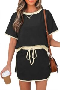 Opemiby Womens 2 Piece Skort Set 2026 Color Block Short Sleeve Top Drawstring Skort Matching Sets Casual Lounge Summer Outfi