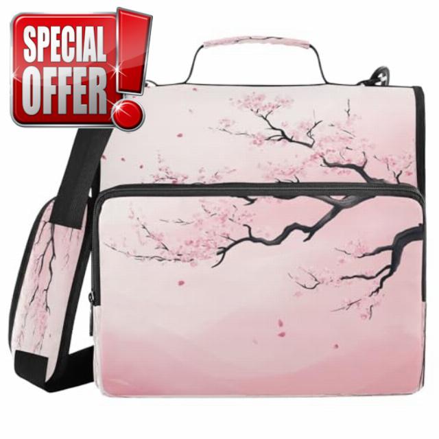 Pink Cherry Blossom 3 D-Ring 2 inch Zipper Portfolio Binder Bag with Strap
