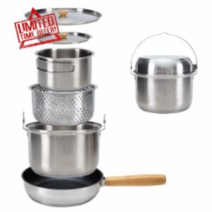 KingCamp Camping Cookware Set 304 Stainless Steel Campfire Cooking Pots Pan and Kettle with Travel Tote Bag for Camping Outdoor Kitchen Cooking Picnic for 4-6