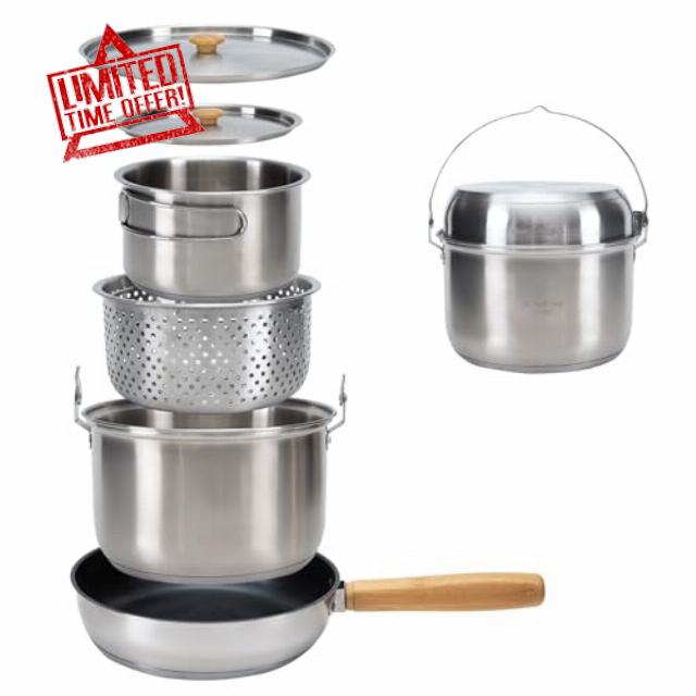KingCamp Camping Cookware Set 304 Stainless Steel Campfire Cooking Pots Pan and Kettle with Travel Tote Bag for Camping Outdoor Kitchen Cooking Picnic for 4-6