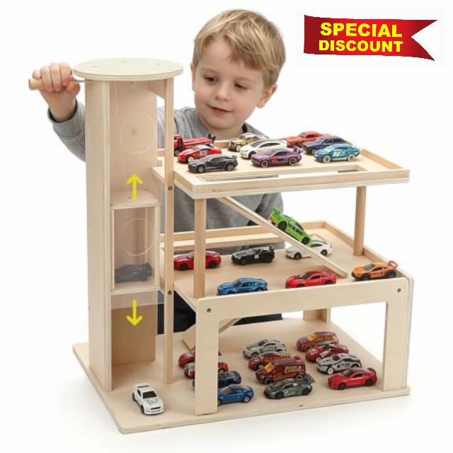 3-Tier Garage for Hot Wheels & Matchbox Cars Display Case with Elevator Lift & Parking Ramp