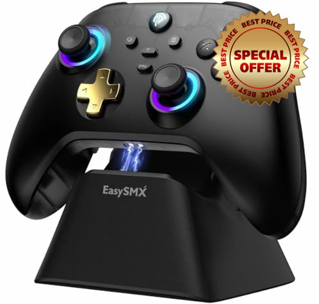 EasySMX D05 PC Controller - Enhanced Wireless Bluetooth Pro Controller with Charging Dock/Hall Sensor/RGB Lighting - No Stick Drift