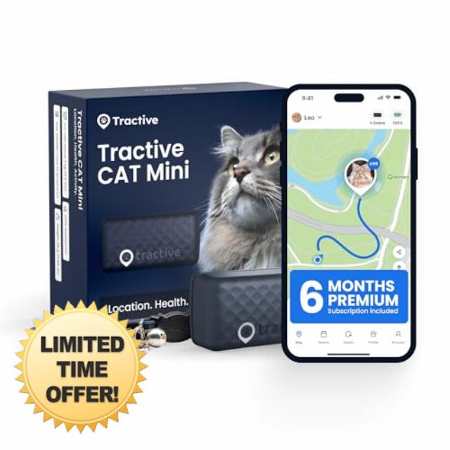 Tractive Smart Cat GPS Tracker with Free 6 Month Subscription | Real-Time Location & Wellness Monitoring for Cats 6.5 lbs+ | Territory & Location History | Up to 5-Day Battery (Dark Blue)