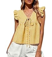 Plaid Babydoll Tops for Women Summer Cotton Sleeveless V Neck Peplum Tops Ruffle Bow Tie Trendy B...