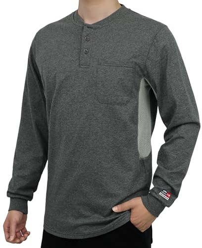 BOCOMAL FR Shirts Summer Vented Mesh Breathable Henley Shirt 5.5oz Flame Resistant CAT2 Work Clothing