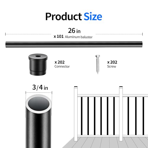Round Black Deck Railing Stair Porch Staircase Spindles Indoor Outdoor Balusters for Deck Railing Spindles with Balusters Conectors