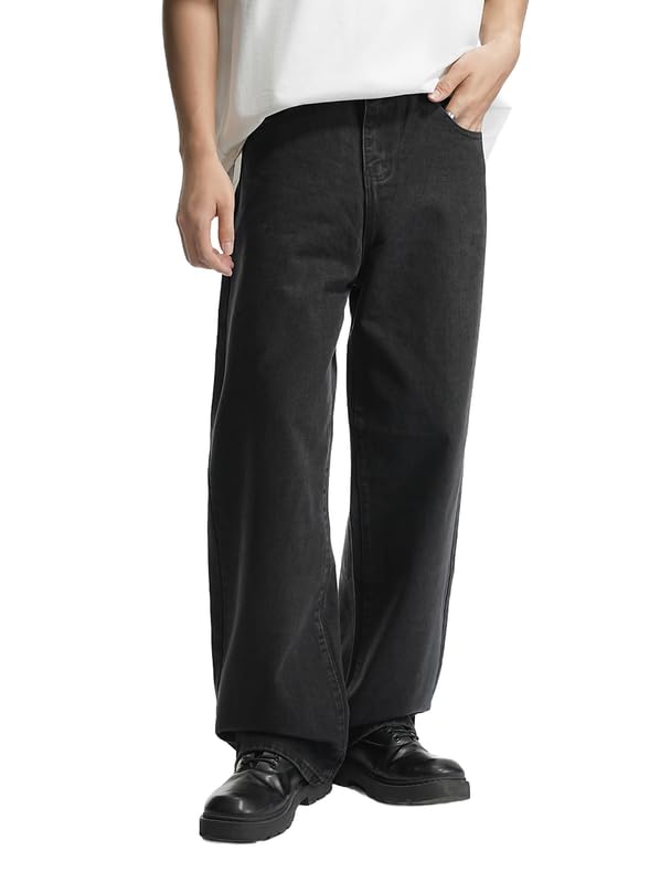 LOGEQI Mens Baggy Hip Hop Jeans Wide Leg Streetwear Jeans Loose Fit Y2K Skater Denim Pants