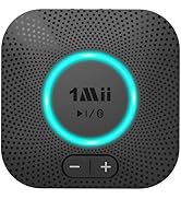 Square black Bluetooth speaker with textured surface. Blue illuminated ring around central button displaying '1Mii' logo. Additional control buttons visible.