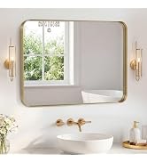 Sweetcrispy Bathroom Mirror 40x30 Inch Metal Framed Rounded Rectangle Vanity Mirror for Wall, Ove...
