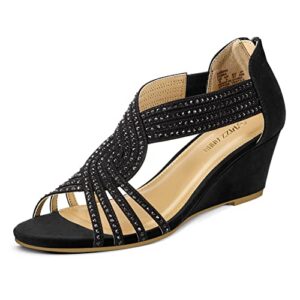 PIZZ ANNU Women's Diana Low Wedge Sandals Sparkly Rhinestone Open Toe Fashion Dress Shoes for Woman Lady in Bridal Dance Evening