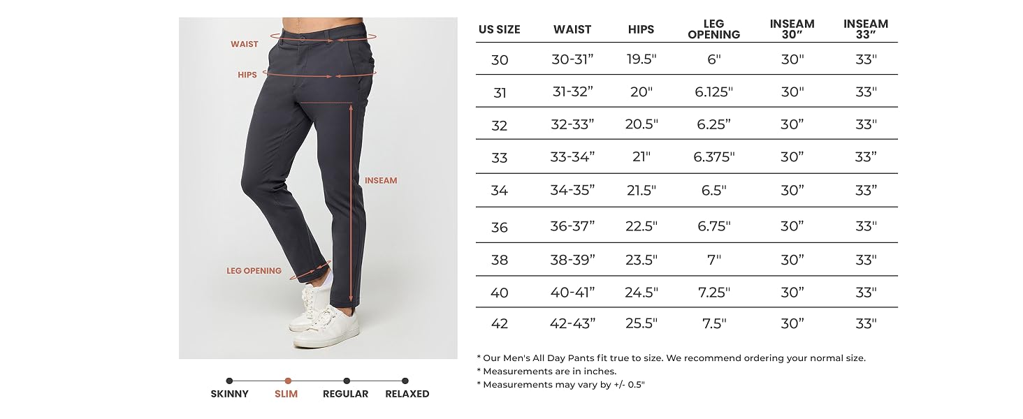 INTO THE AM All Day Pants Size Chart