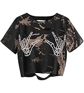 Avanova Women Skull Finger Graphic Distressed Tee Shirt Ripped Short Sleeve Crop Tops