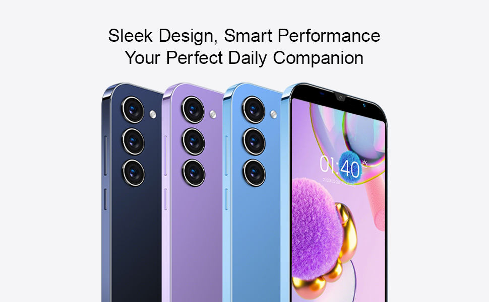 Text reads 'Sleek Design, Smart Performance', 'Your Perfect Daily Companion'. Smartphone lineup showing multiple color options including navy, purple, and light blue variants.