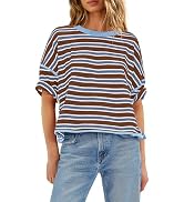 ReachMe Womens Striped Oversized T Shirts Vintage Drop Shoulder Crew Neck Short Sleeve Tees Casua...