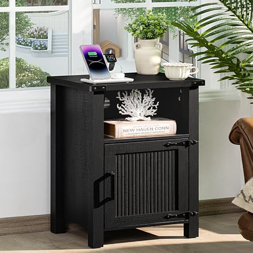 18 Inch Farmhouse Nightstand with with Charging Station and USB Port