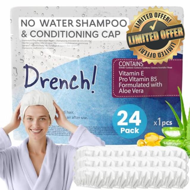 Drench No Water Hair Washing Cap - Waterless Shower Caps with Shampoo and Conditioner - Disposable Rinse Free Wash Aids - Ideal for Elderly and Disabled - Pack of 24