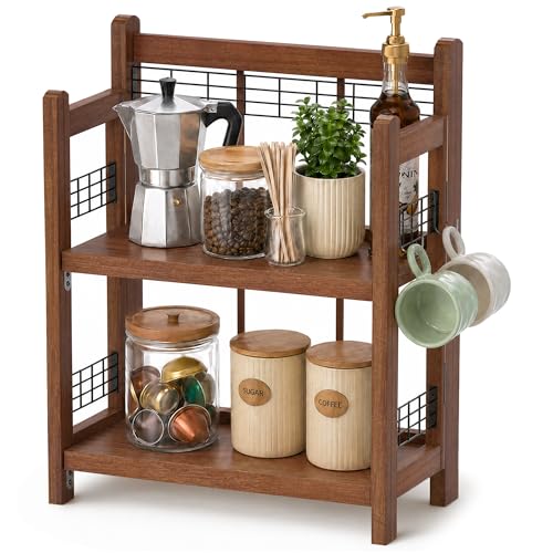 2-Tier Coffee Station Shelf | Foldable Oak Wood Shelf