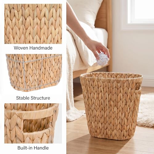 Woven Water Hyacinth Wicker Boho Garbage Can Built-in Handles for Bedroom