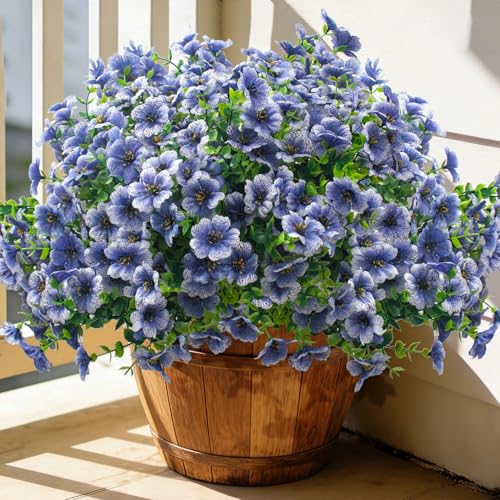 UV Resistant Fake Plants Flowers Greenery Shrubs Plants for Decoration Outside Plants Hanging Planter Home Garden Decor (Blue)