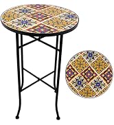 ROARLITEE Mosaic Outdoor Side Table Small Round Patio Table with 14" Ceramic Tile Top Indoor Acce...