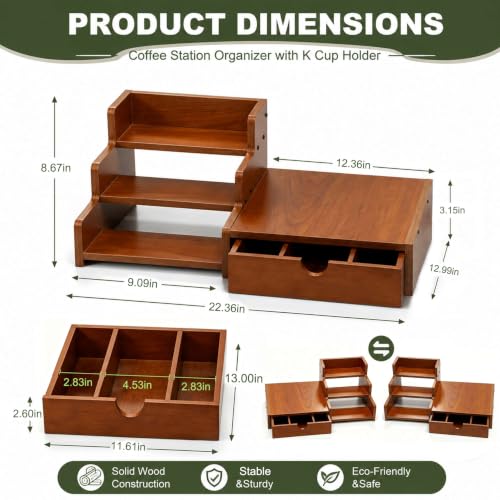 28 Pods Holder Drawer 3-Tier Trapezoidal Wooden Syrup Organizer Rack