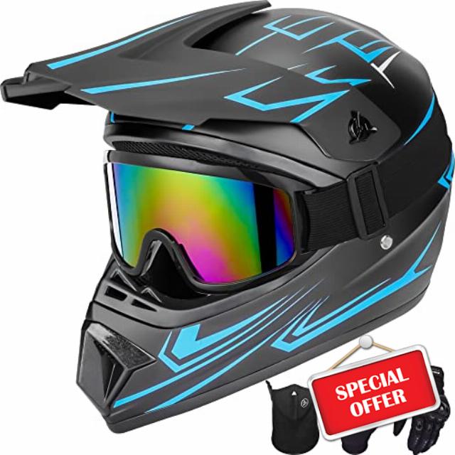 Yesmotor Youth Kids Motocross Helmet Motorcycle Dirt Bike Off-Road Mountain Bike BMX MX ATV Helmet with(Gloves Goggles Mask) 4Pcs Set - DOT Approved(Blue
