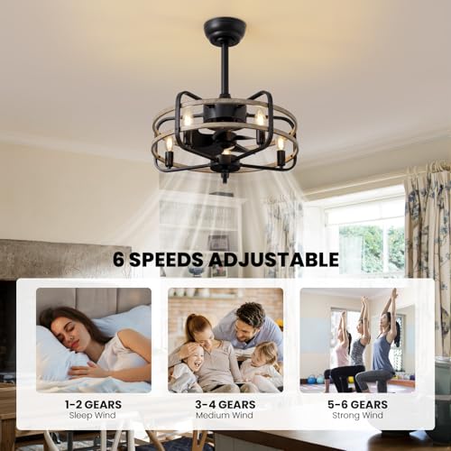 Flush Mount Vintage Farmhouse Fandelier 6 Speeds Reverse Motor Rustic Bladeless Ceiling Fan for Bedroom Living Room Dining Room