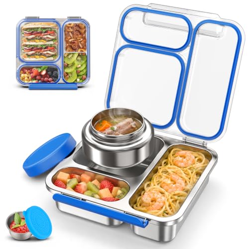 Transparent Lid 3 Compartments Metal Bento Lunch Box with Insulated Food Jar