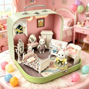 Miniature Bed Wardrobe Dressing Mirror Piano Chair Table & 4 Flexible Dolls