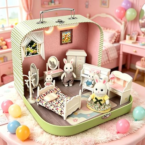 Miniature Bed Wardrobe Dressing Mirror Piano Chair Table & 4 Flexible Dolls