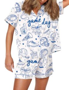 SHESHOW Pajamas for Women Set Satin Button Down Short Sleeve Top and Shorts Pjs Sets Sport Ball Print Sleepwear XS-XXL