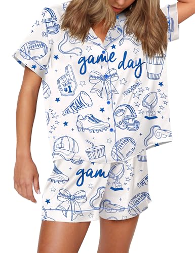 SHESHOW Pajamas for Women Set Satin Button Down Short Sleeve Top and Shorts Pjs Sets Sport Ball Print Sleepwear XS-XXL