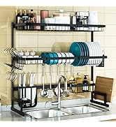 PUSDON Dish Drying Rack Over The Sink, 2 Tier Adjustable (27"-38") Stainless Steel Dish Drainer f...