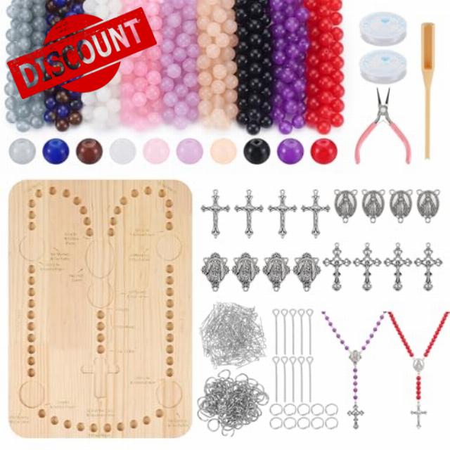 Whimsibelle 1221 Pcs Catholic Rosary Making Supplies Rosary Jewelry Making Kit Include Wooden Bead Board Glass Beads Cross First Communion Necklace Set for Ramadan Necklaces Jewelry Make