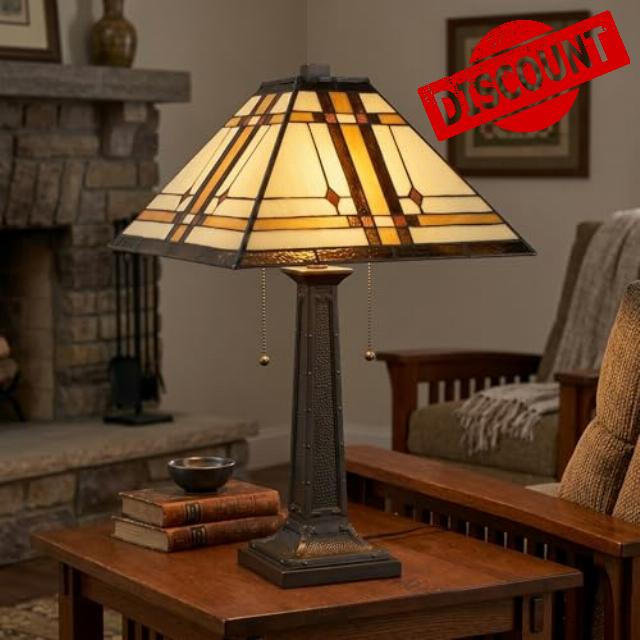 Lavish Home Tiffany-Style Table Lamp – Mission-Design Art Glass Lighting with 2 LED Bulbs Included – Vintage-Look Handcrafted Room Déco