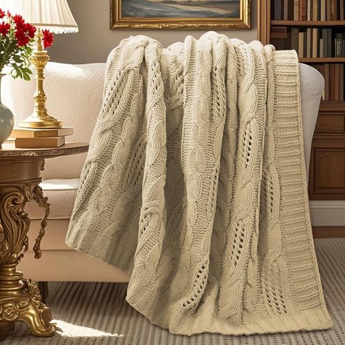 Dual-Sided Soft Chenille Breathable Cable Knitted Blanket for Couch