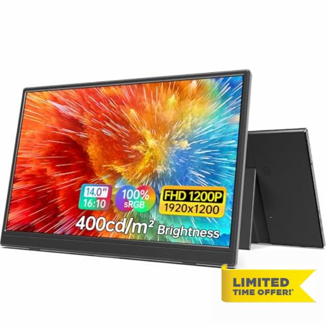 MNN Portable Monitor 14 inch FHD 1920 * 1200P USB C HDMI Ultra-Slim IPS Travel Display w/Speakers
