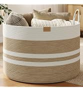 Nunsino 72L Woven Blanket Basket with Leather Handles, Cotton Rope Laundry Basket Hamper,Decorati...